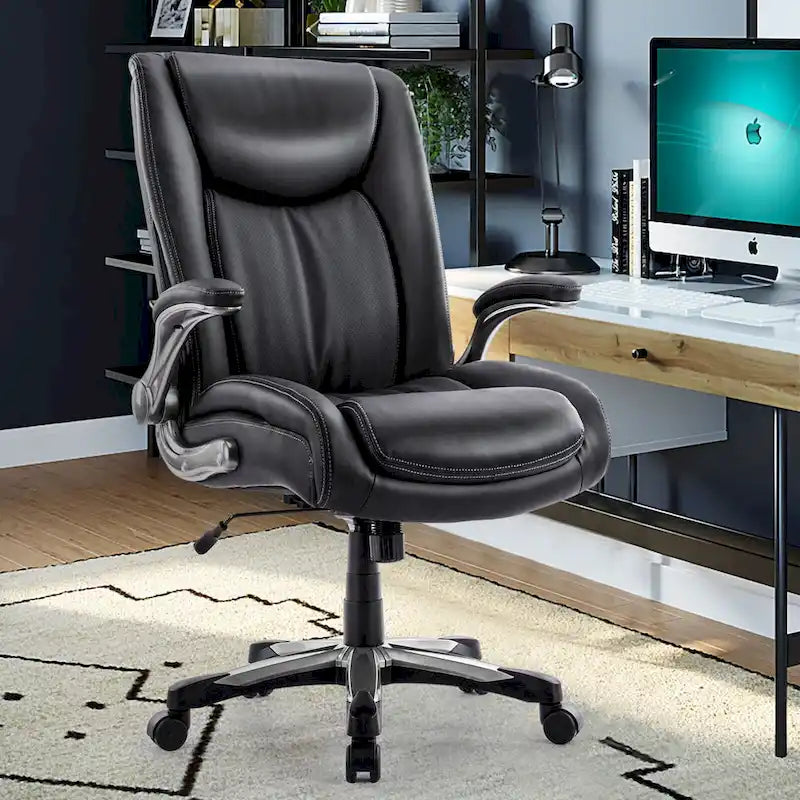Chaise de bureau à dossier haut en cuir PU marron/noir/ivoire avec accoudoirs relevables, siège large, 1 personne, 181 kg