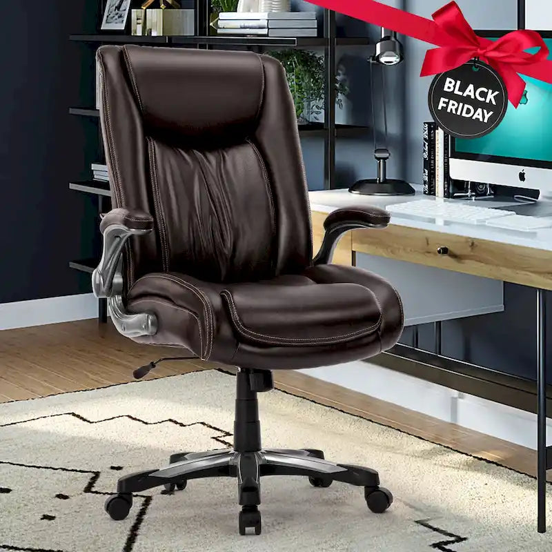 Chaise de bureau à dossier haut en cuir PU marron/noir/ivoire avec accoudoirs relevables, siège large, 1 personne, 181 kg