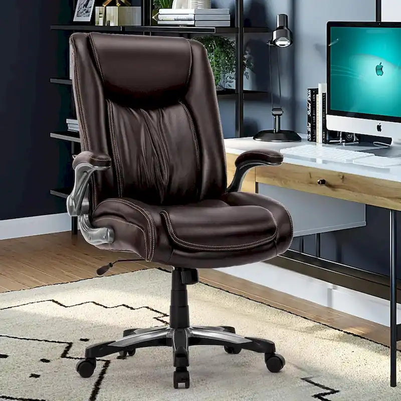 Chaise de bureau à dossier haut en cuir PU marron/noir/ivoire avec accoudoirs relevables, siège large, 1 personne, 181 kg
