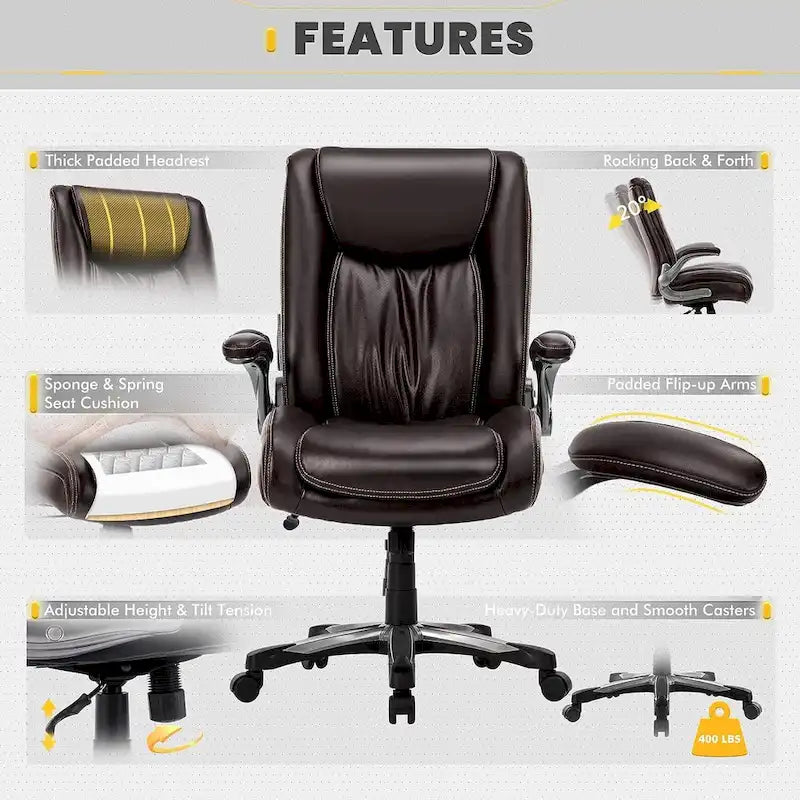 Chaise de bureau à dossier haut en cuir PU marron/noir/ivoire avec accoudoirs relevables, siège large, 1 personne, 181 kg