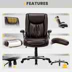 Chaise de bureau à dossier haut en cuir PU marron/noir/ivoire avec accoudoirs relevables, siège large, 1 personne, 181 kg