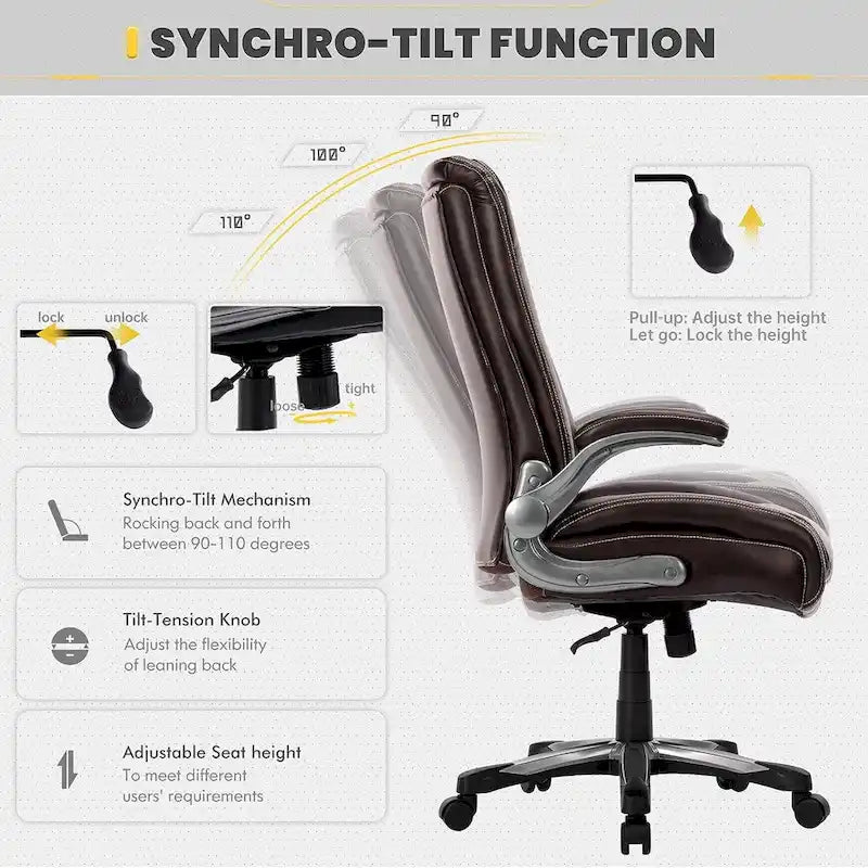 Chaise de bureau à dossier haut en cuir PU marron/noir/ivoire avec accoudoirs relevables, siège large, 1 personne, 181 kg