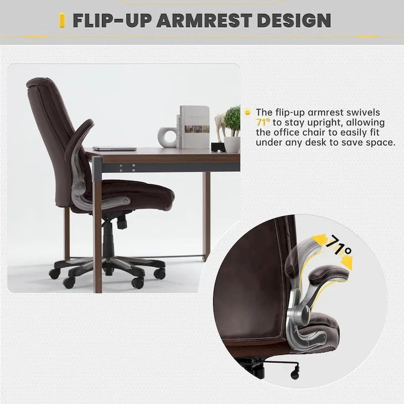 Chaise de bureau à dossier haut en cuir PU marron/noir/ivoire avec accoudoirs relevables, siège large, 1 personne, 181 kg