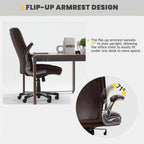 Chaise de bureau à dossier haut en cuir PU marron/noir/ivoire avec accoudoirs relevables, siège large, 1 personne, 181 kg