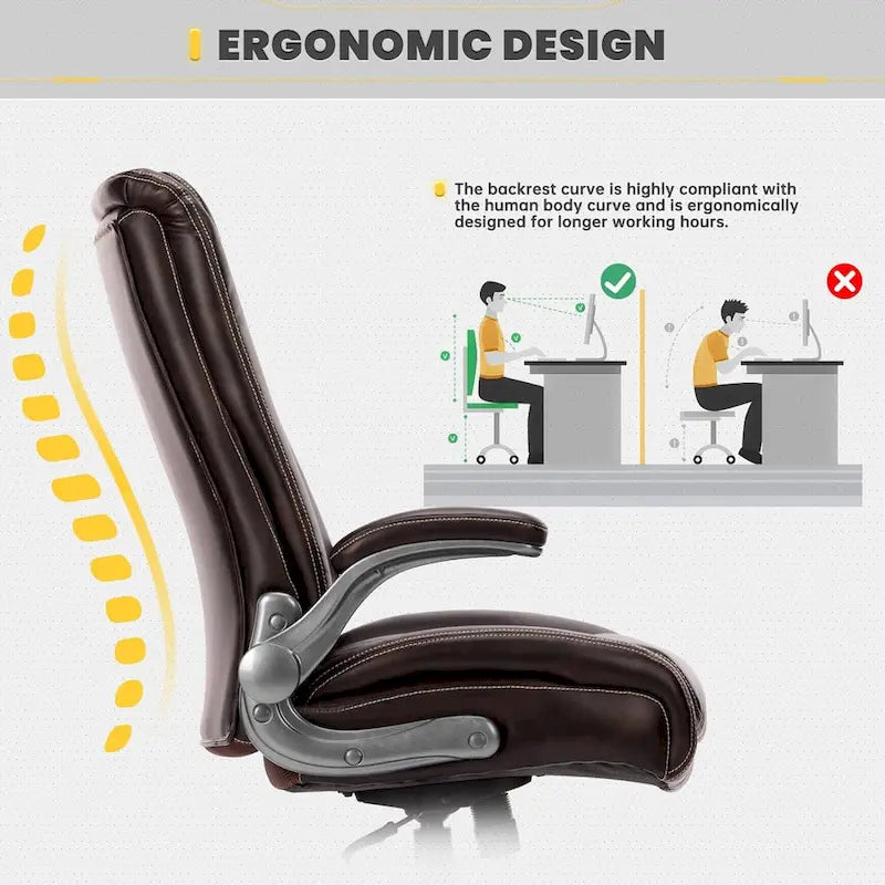 Chaise de bureau à dossier haut en cuir PU marron/noir/ivoire avec accoudoirs relevables, siège large, 1 personne, 181 kg