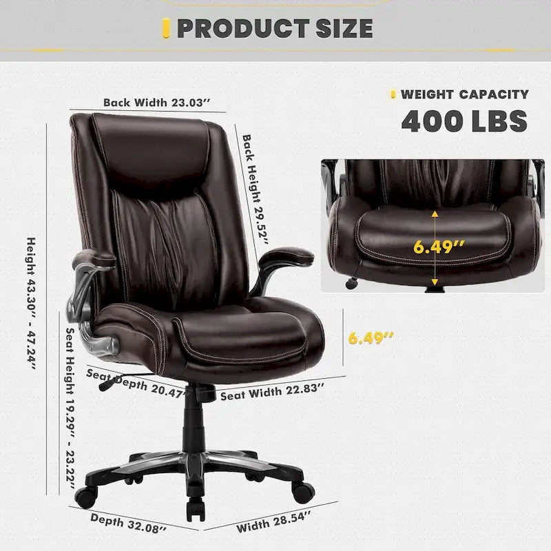 Chaise de bureau à dossier haut en cuir PU marron/noir/ivoire avec accoudoirs relevables, siège large, 1 personne, 181 kg