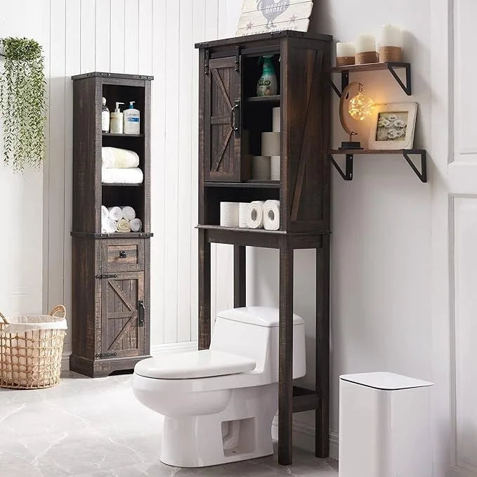 Meuble de rangement WC avec porte coulissante style grange – Noir / Gris / Blanc / Blanc cassé, style ferme