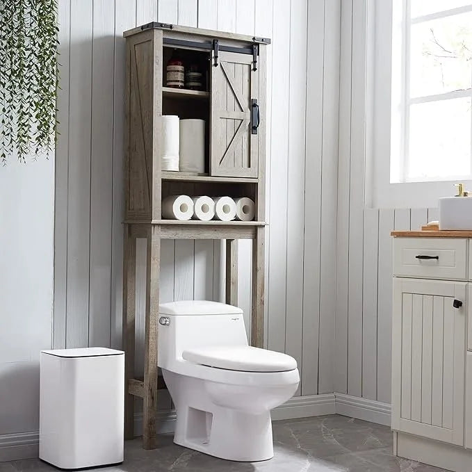 Meuble de rangement WC avec porte coulissante style grange – Noir / Gris / Blanc / Blanc cassé, style ferme