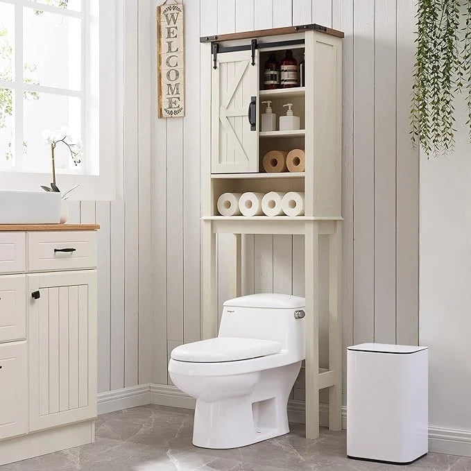 Meuble de rangement WC avec porte coulissante style grange – Noir / Gris / Blanc / Blanc cassé, style ferme
