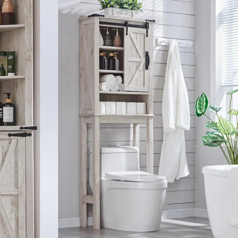 Meuble de rangement WC avec porte coulissante style grange – Noir / Gris / Blanc / Blanc cassé, style ferme