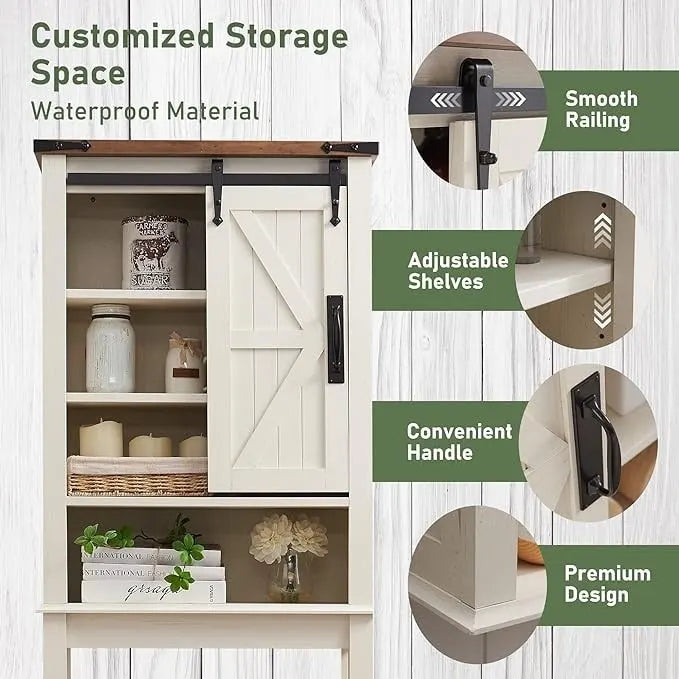 Meuble de rangement WC avec porte coulissante style grange – Noir / Gris / Blanc / Blanc cassé, style ferme