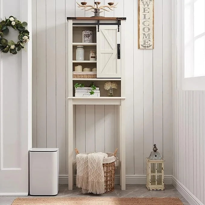 Meuble de rangement WC avec porte coulissante style grange – Noir / Gris / Blanc / Blanc cassé, style ferme