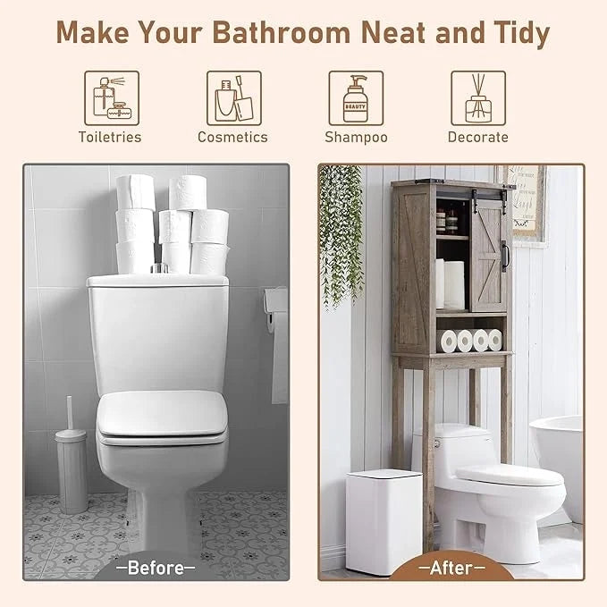 Meuble de rangement WC avec porte coulissante style grange – Noir / Gris / Blanc / Blanc cassé, style ferme