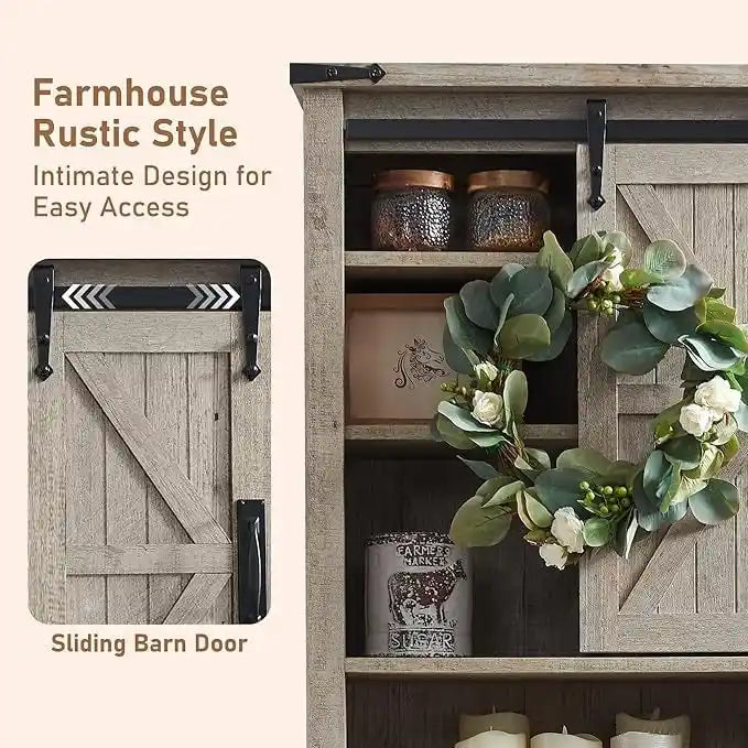 Meuble de rangement WC avec porte coulissante style grange – Noir / Gris / Blanc / Blanc cassé, style ferme
