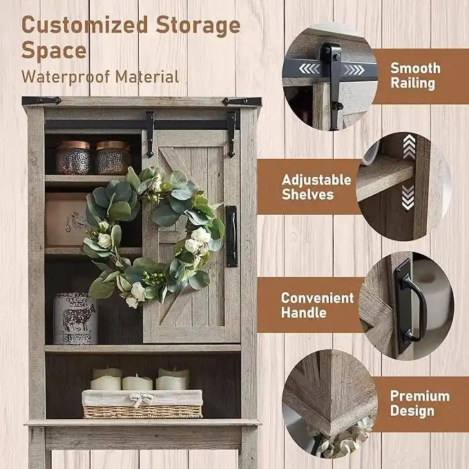 Meuble de rangement WC avec porte coulissante style grange – Noir / Gris / Blanc / Blanc cassé, style ferme