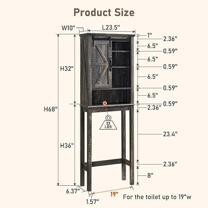 Meuble de rangement WC avec porte coulissante style grange – Noir / Gris / Blanc / Blanc cassé, style ferme