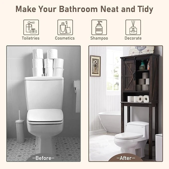 Meuble de rangement WC avec porte coulissante style grange – Noir / Gris / Blanc / Blanc cassé, style ferme