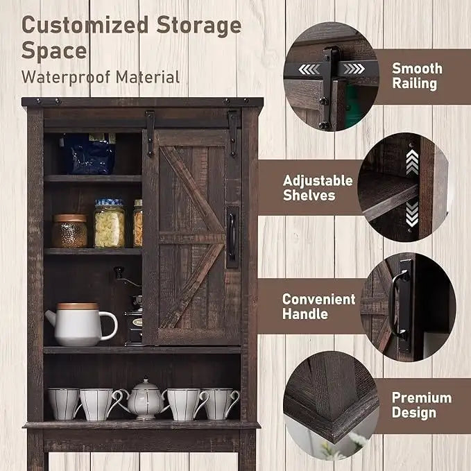 Meuble de rangement WC avec porte coulissante style grange – Noir / Gris / Blanc / Blanc cassé, style ferme