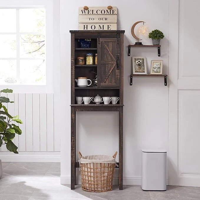 Meuble de rangement WC avec porte coulissante style grange – Noir / Gris / Blanc / Blanc cassé, style ferme