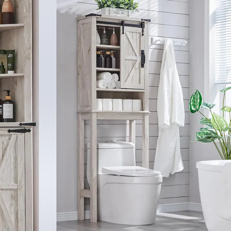 Meuble de rangement WC avec porte coulissante style grange – Noir / Gris / Blanc / Blanc cassé, style ferme