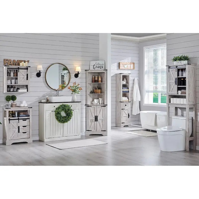 Meuble de rangement WC avec porte coulissante style grange – Noir / Gris / Blanc / Blanc cassé, style ferme