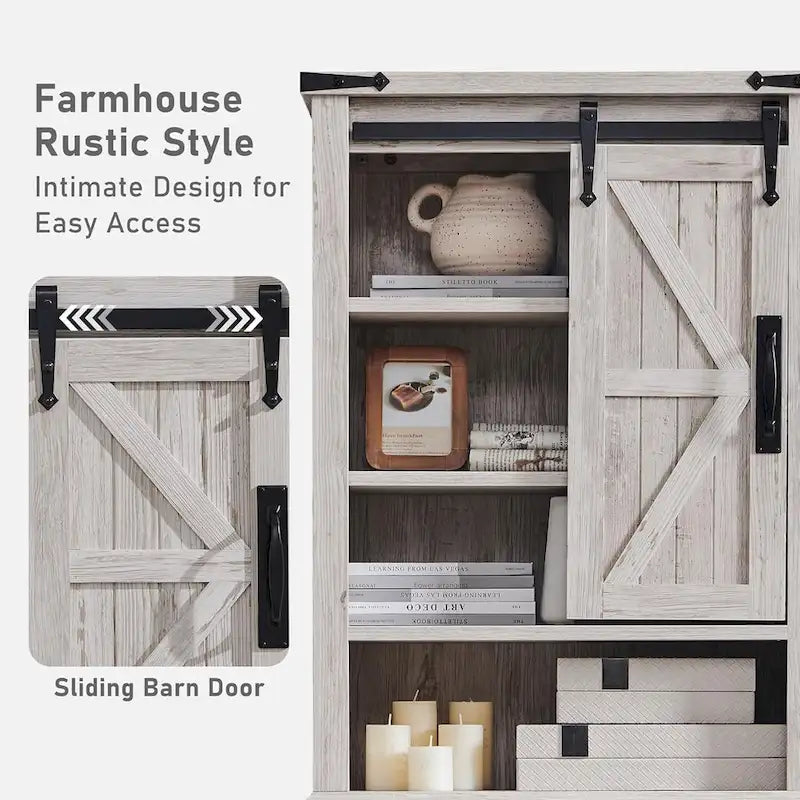 Meuble de rangement WC avec porte coulissante style grange – Noir / Gris / Blanc / Blanc cassé, style ferme