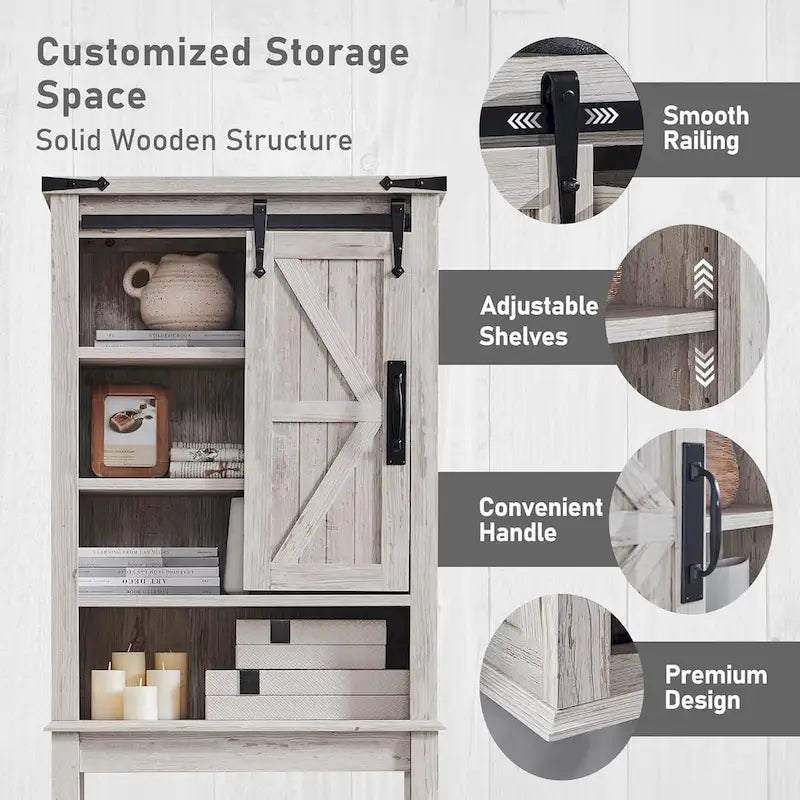 Meuble de rangement WC avec porte coulissante style grange – Noir / Gris / Blanc / Blanc cassé, style ferme