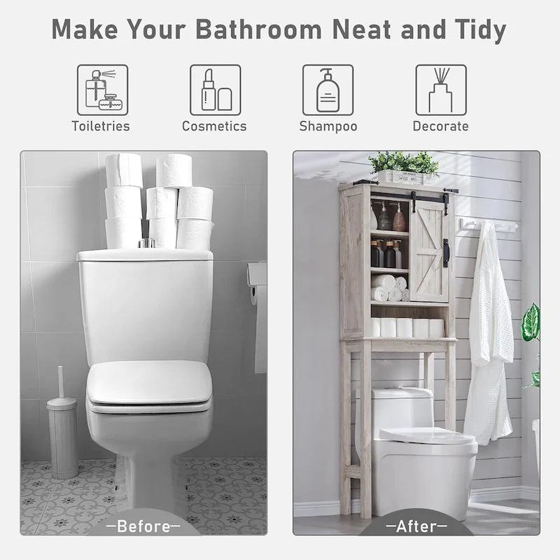 Meuble de rangement WC avec porte coulissante style grange – Noir / Gris / Blanc / Blanc cassé, style ferme