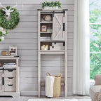 Meuble de rangement WC avec porte coulissante style grange – Noir / Gris / Blanc / Blanc cassé, style ferme