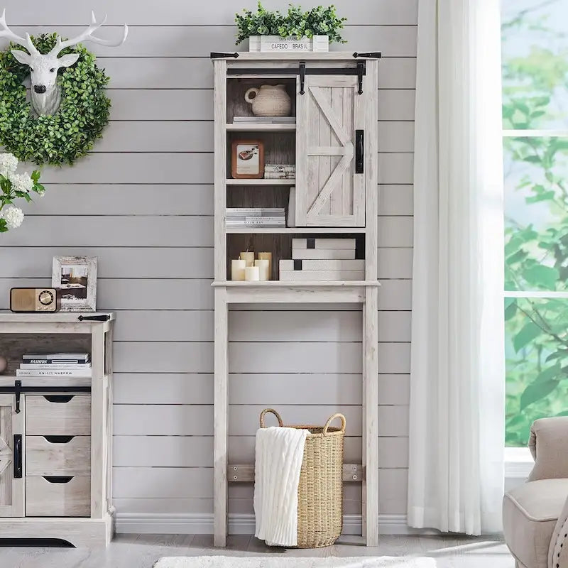 Meuble de rangement WC avec porte coulissante style grange – Noir / Gris / Blanc / Blanc cassé, style ferme