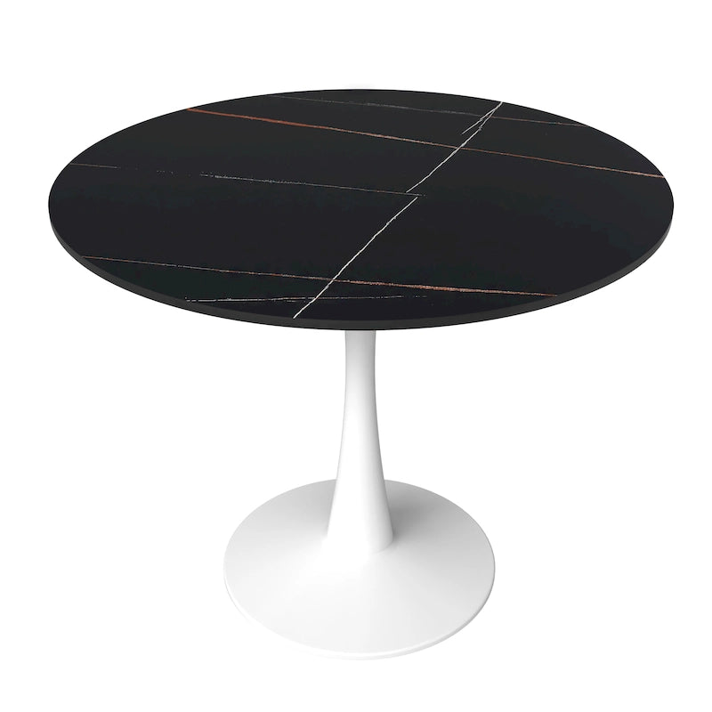 Table à manger ronde pour 4 – Blanc/Noir, Plateau en pierre frittée, Piétement central
