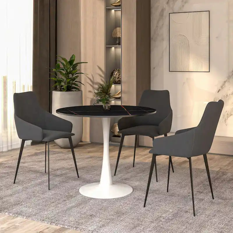 Table à manger ronde pour 4 – Blanc/Noir, Plateau en pierre frittée, Piétement central