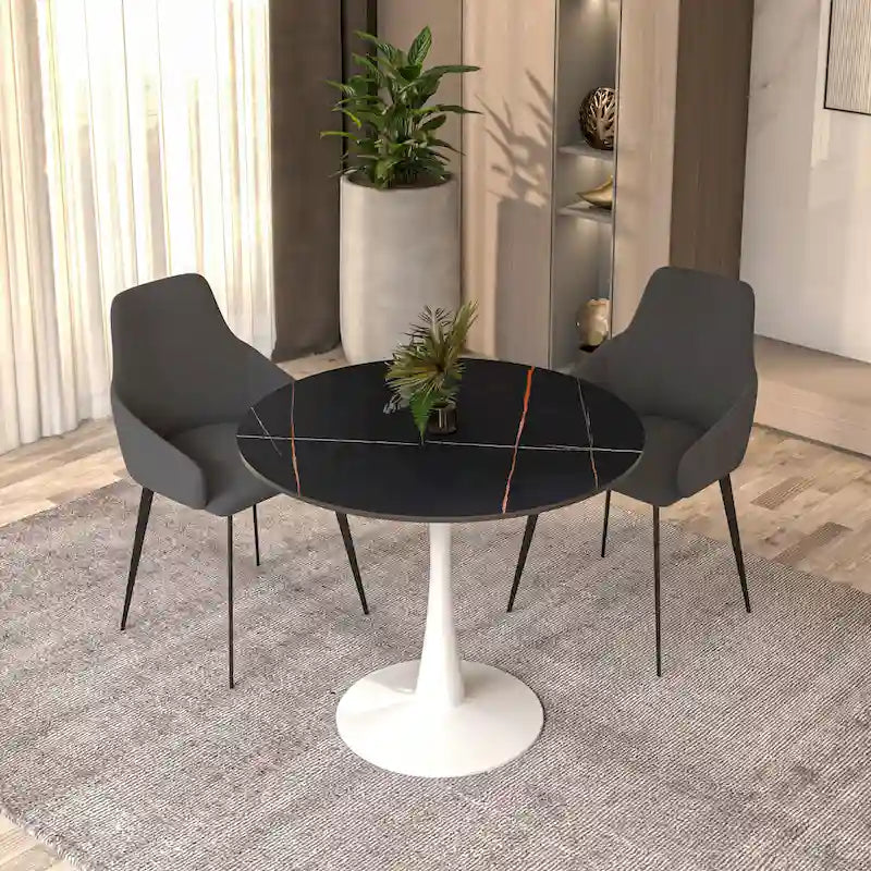 Table à manger ronde pour 4 – Blanc/Noir, Plateau en pierre frittée, Piétement central