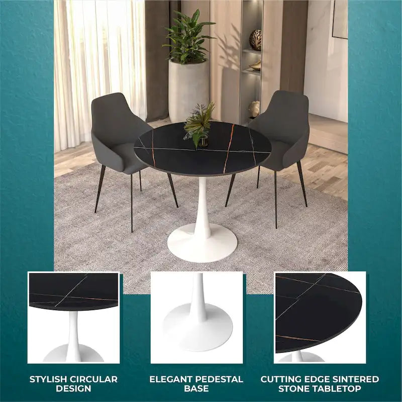 Table à manger ronde pour 4 – Blanc/Noir, Plateau en pierre frittée, Piétement central