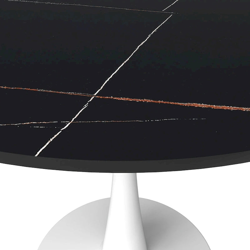 Table à manger ronde pour 4 – Blanc/Noir, Plateau en pierre frittée, Piétement central