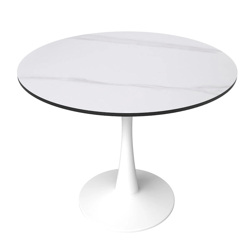 Table à manger ronde pour 4 – Blanc/Noir, Plateau en pierre frittée, Piétement central