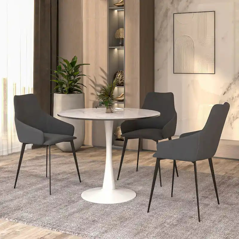 Table à manger ronde pour 4 – Blanc/Noir, Plateau en pierre frittée, Piétement central