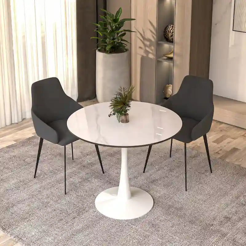 Table à manger ronde pour 4 – Blanc/Noir, Plateau en pierre frittée, Piétement central