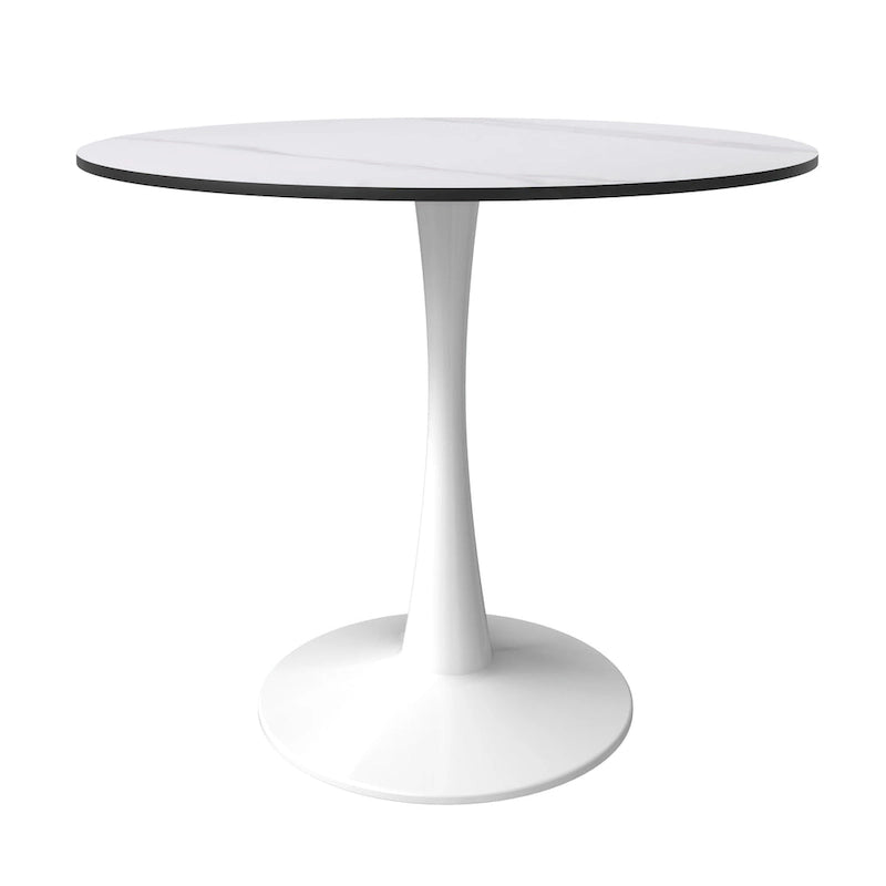 Table à manger ronde pour 4 – Blanc/Noir, Plateau en pierre frittée, Piétement central