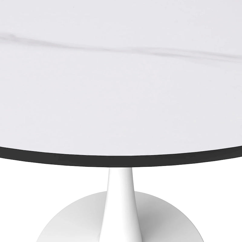 Table à manger ronde pour 4 – Blanc/Noir, Plateau en pierre frittée, Piétement central