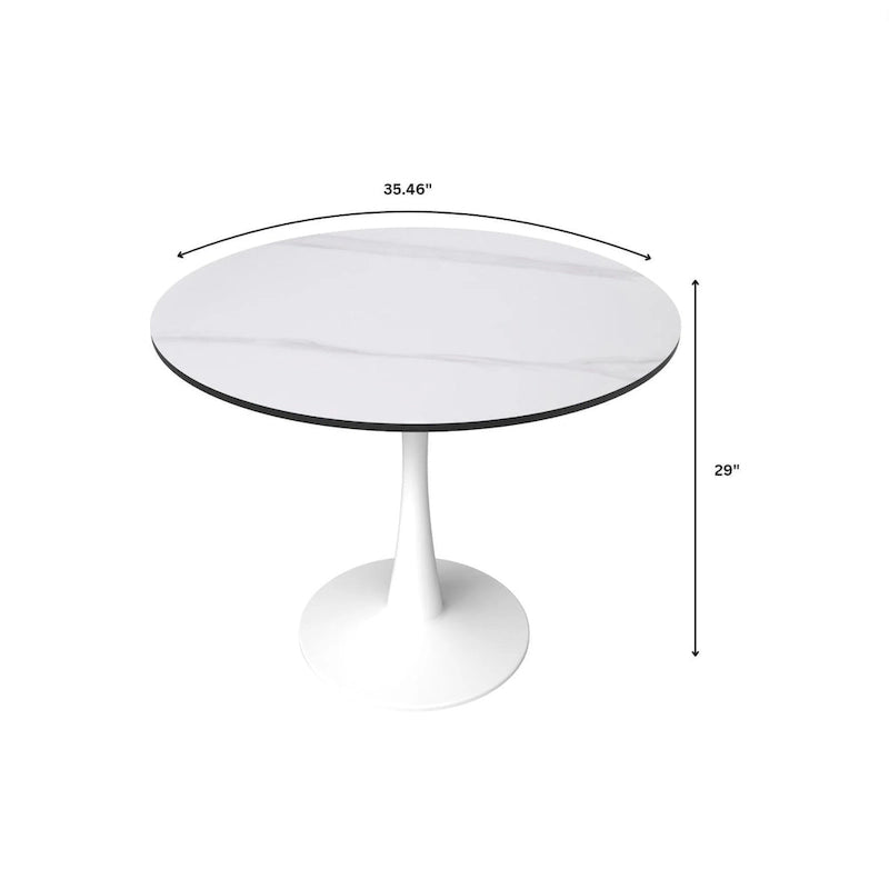 Table à manger ronde pour 4 – Blanc/Noir, Plateau en pierre frittée, Piétement central