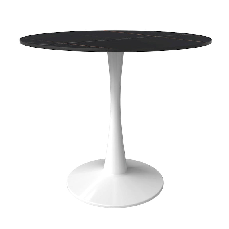 Table à manger ronde pour 4 – Blanc/Noir, Plateau en pierre frittée, Piétement central