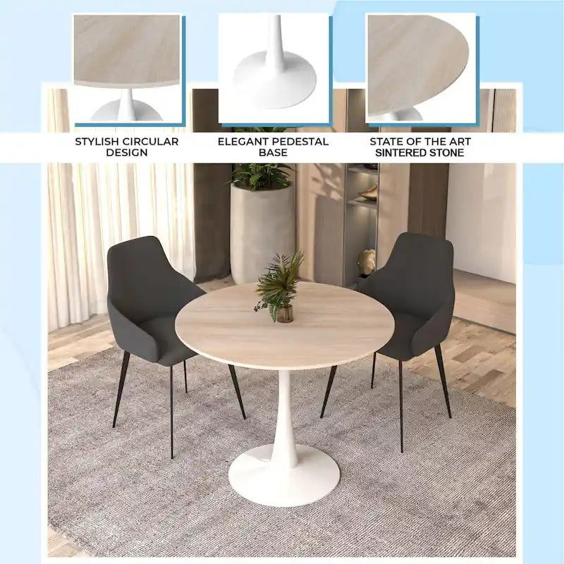 Table à manger ronde pour 4 – Blanc/Noir, Plateau en pierre frittée, Piétement central