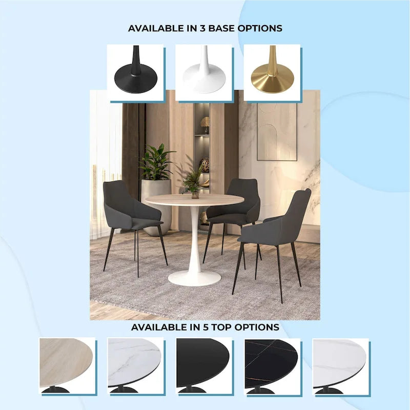 Table à manger ronde pour 4 – Blanc/Noir, Plateau en pierre frittée, Piétement central