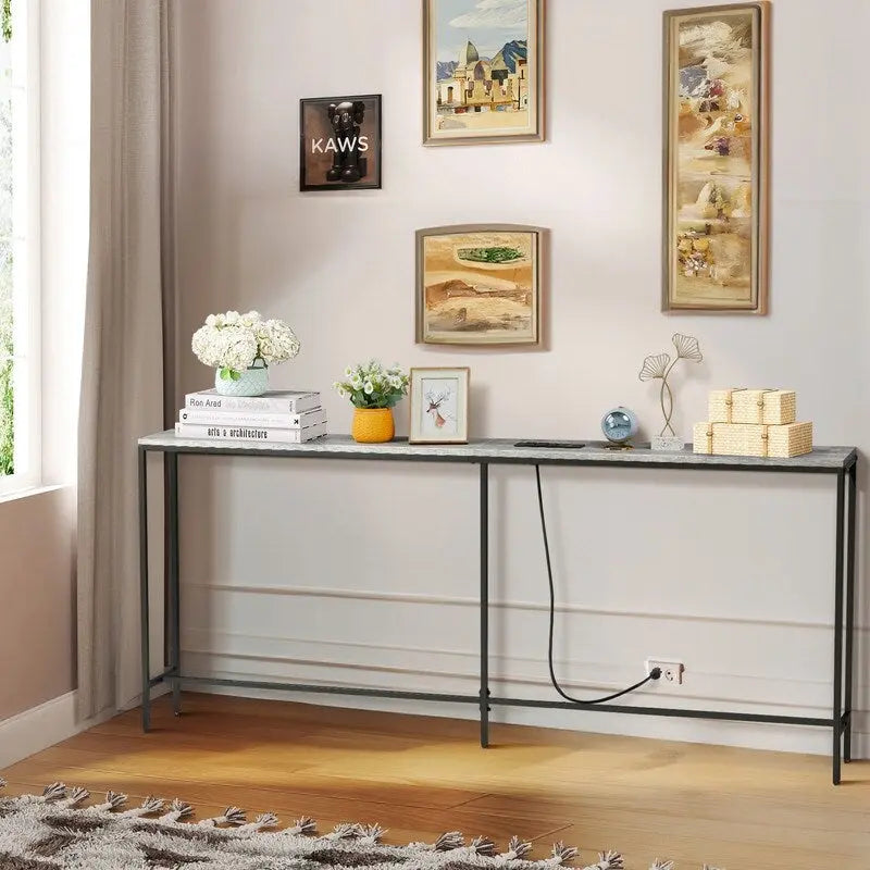 Table console étroite Marron Rustique / Gris Rustique avec prises de courant et ports USB, Simple, 180 cm