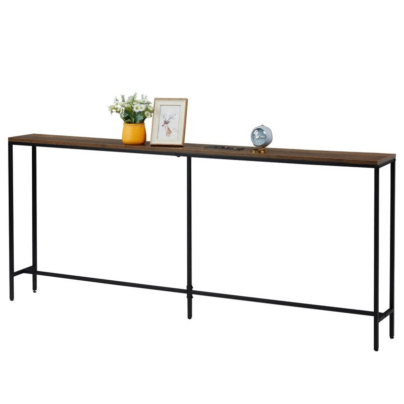 Table console étroite Marron Rustique / Gris Rustique avec prises de courant et ports USB, Simple, 180 cm