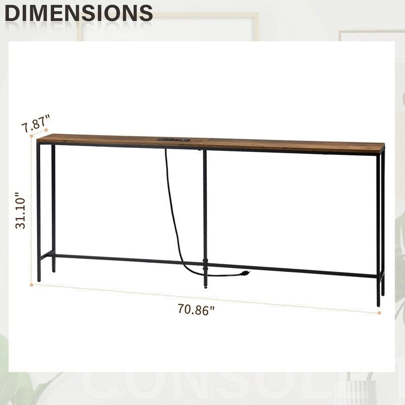 Table console étroite Marron Rustique / Gris Rustique avec prises de courant et ports USB, Simple, 180 cm