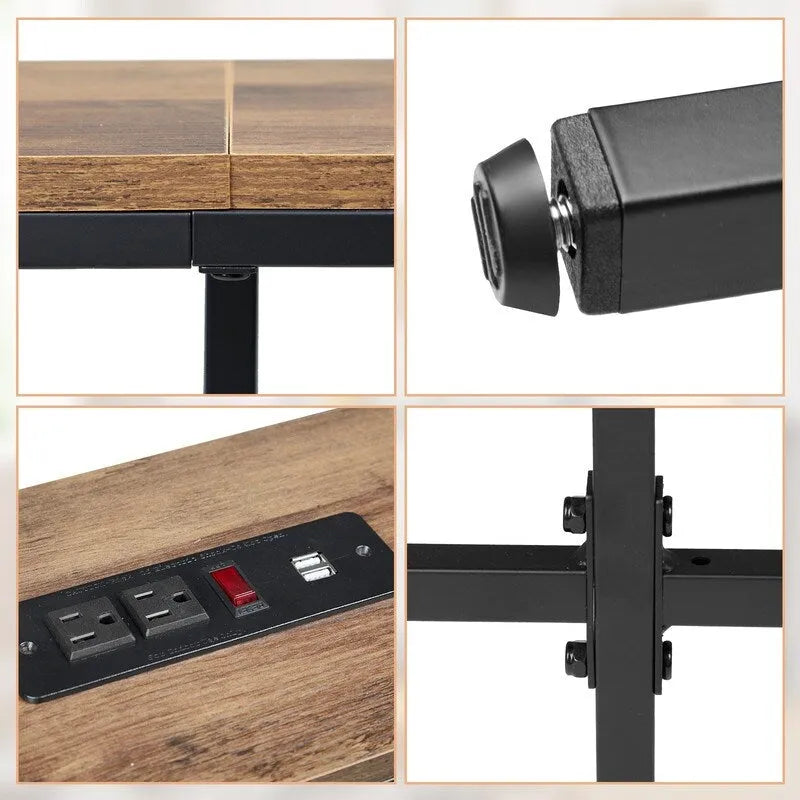 Table console étroite Marron Rustique / Gris Rustique avec prises de courant et ports USB, Simple, 180 cm