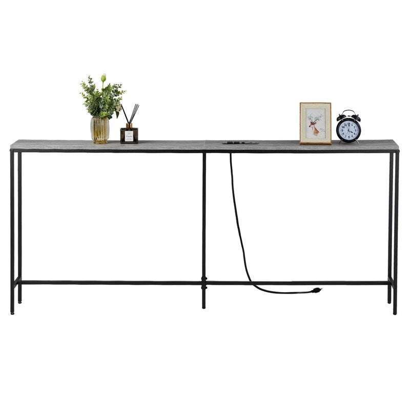 Table console étroite Marron Rustique / Gris Rustique avec prises de courant et ports USB, Simple, 180 cm