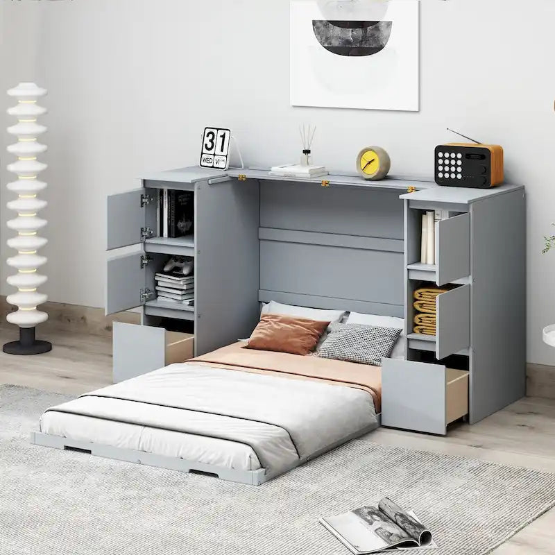 Lit escamotable grand format blanc/gris avec armoire, tiroirs et tabourets, 1 place